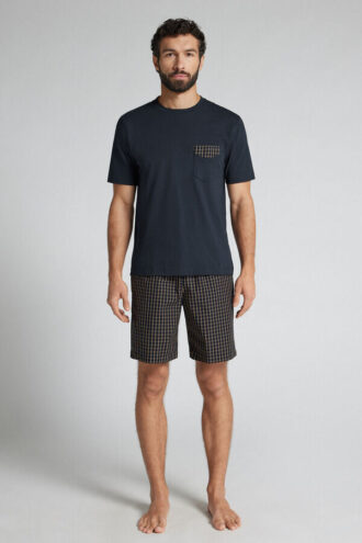 Blue and Cream Check Print Cloth and Cotton Short Pajamas