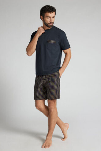 Blue and Cream Check Print Cloth and Cotton Short Pajamas