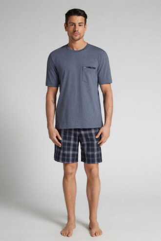 Check Print Denim Cloth and Cotton Short Pajamas