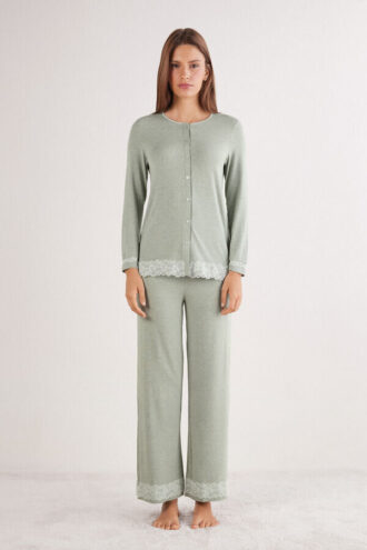 Lace Trim Button Up Full Length Pajamas in Modal