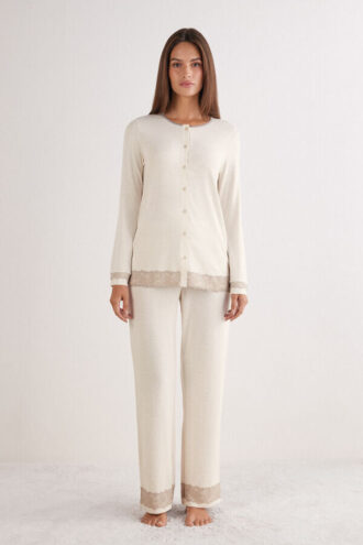 Lace Trim Button Up Full Length Pajamas in Modal
