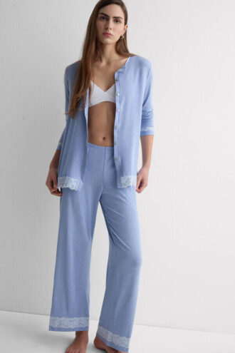 Lace Trim Button Up Full Length Pajamas in Modal