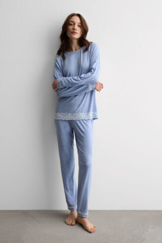 Lace Trim Full Length Pajamas in Modal