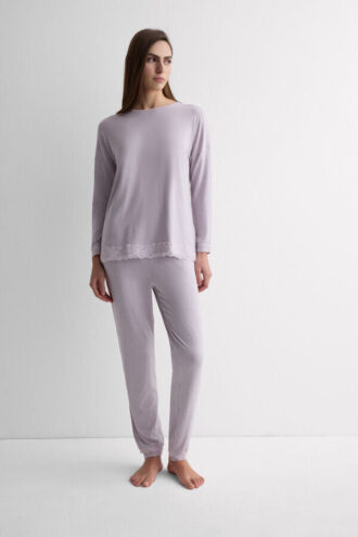 Lace Trim Full Length Pajamas in Modal
