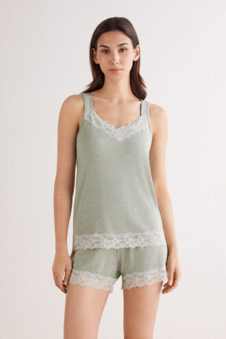 Lace Trim Tank Top Short Pajamas in Modal