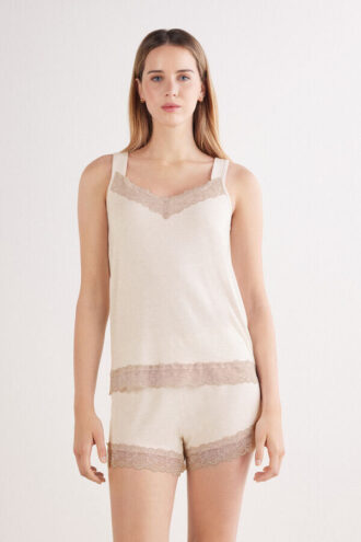 Lace Trim Tank Top Short Pajamas in Modal