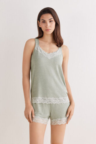 Lace Trim Tank Top Short Pajamas in Modal