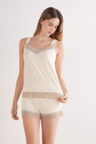 Lace Trim Tank Top Short Pajamas in Modal