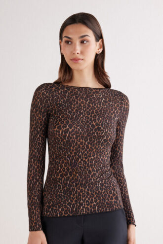 Leopard Print Long Sleeve Top in Ultralight Modal with Cashmere