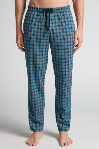 Light Blue Check Print Full Length Cotton Pants