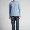 Light Blue Cotton and Check Print Cloth Full Length Pajamas