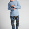 Light Blue Cotton and Check Print Cloth Full Length Pajamas