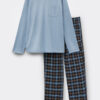 Light Blue Cotton and Check Print Cloth Full Length Pajamas
