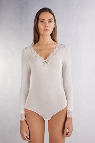 Long Sleeve Bodysuit in Ultralight Modal with Cashmere and Lace