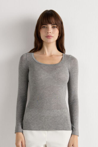 Long Sleeve Scoop Neck Top in Ultralight Modal with Cashmere