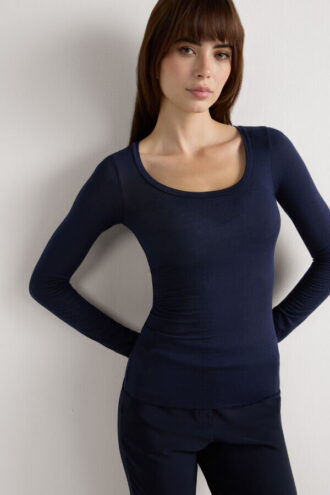 Long Sleeve Scoop Neck Top in Ultralight Modal with Cashmere