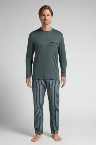 Premium Mercerized Cotton and Stripe Print Cloth Full Length Pajamas