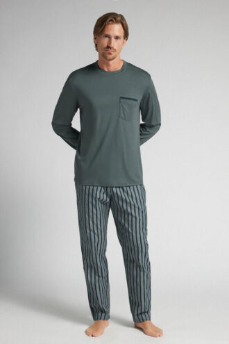Premium Mercerized Cotton and Stripe Print Cloth Full Length Pajamas
