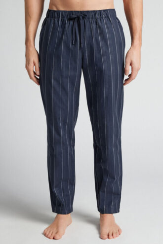 White Striped Blue Cotton Fabric Full Length Pants